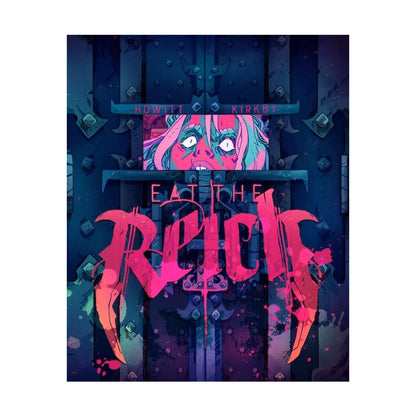 Cover art for "Eat the Reich": Neon pink title over a distressed face peering out of a dark, bolted gate