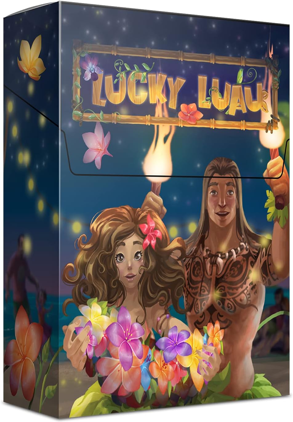 Card game box with bright tropical colors and a beach-themed design including flowers and leis