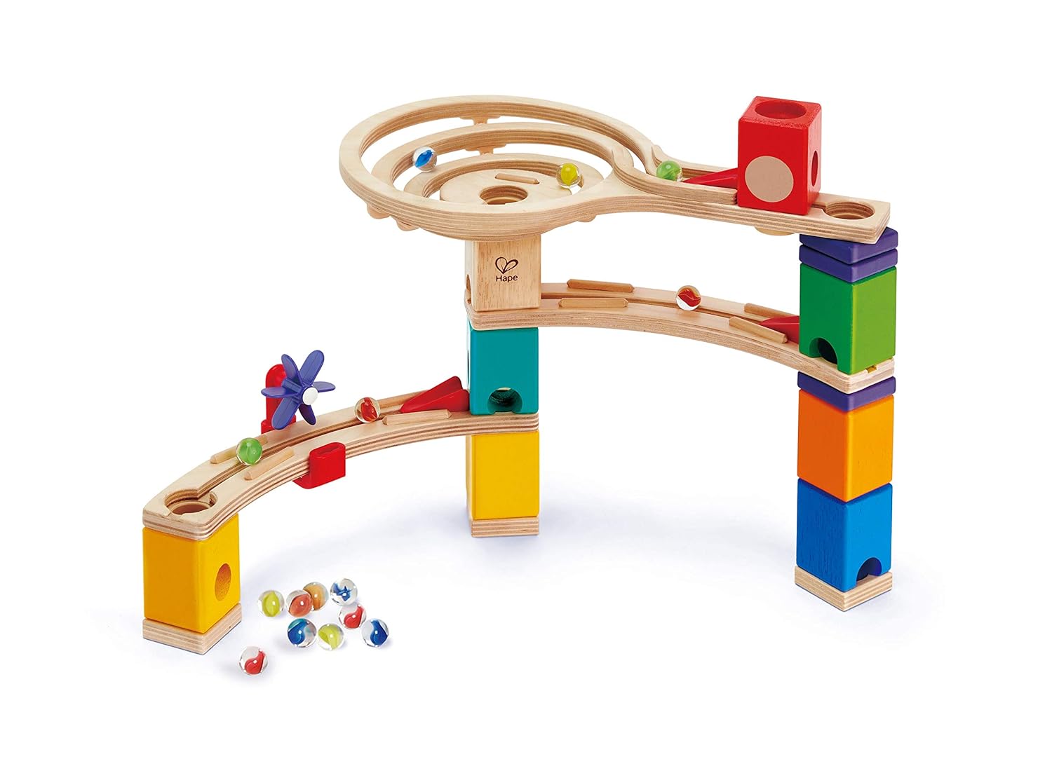 Colorful wooden marble run toy with elevated tracks, stacking blocks, and multiple glass marbles rolling