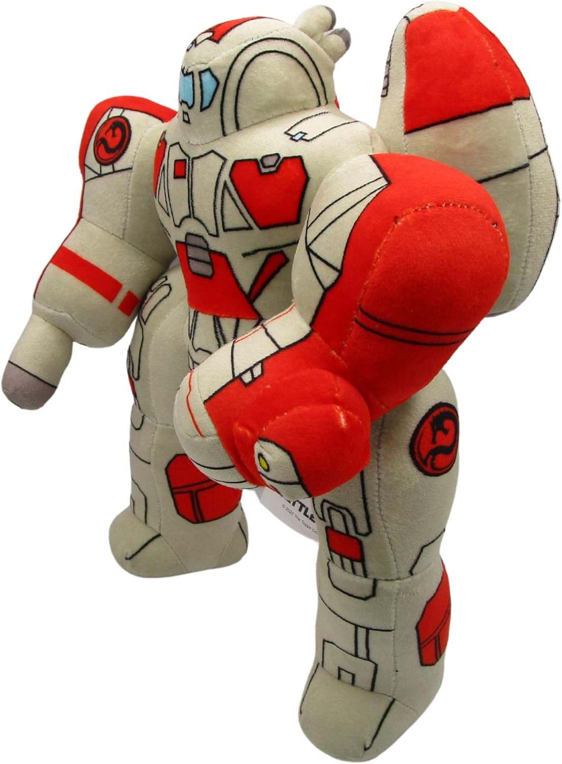 Giant Battle Mech white and red plush toy standing on a white background