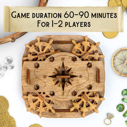 Wooden nautical puzzle box featuring ship wheels and a compass rose. Text: "60-90 Minutes, 1-2 Players"