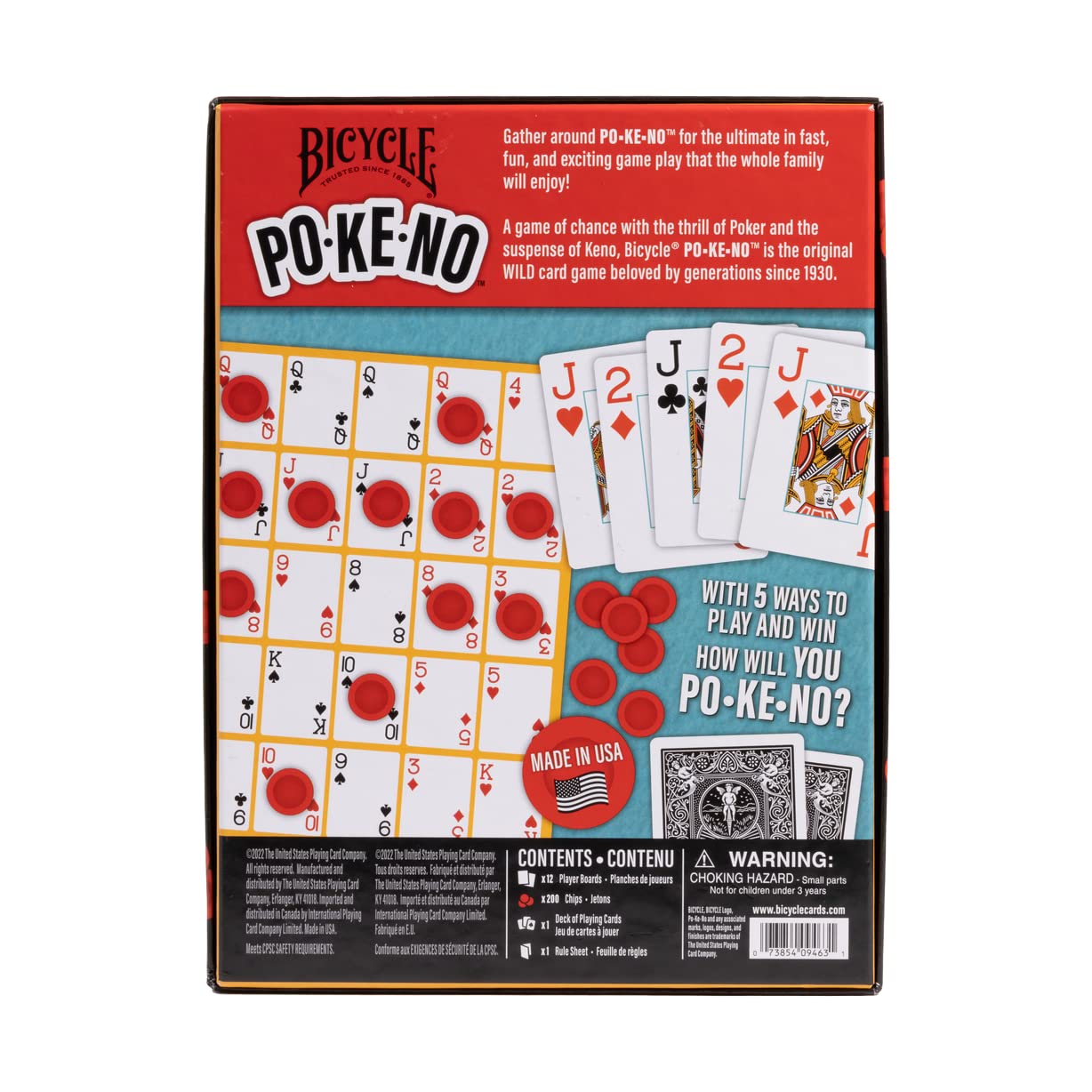 Rear view of Bicycle Po-Ke-No game box shows a card grid with red chips, fanned playing cards, and game components
