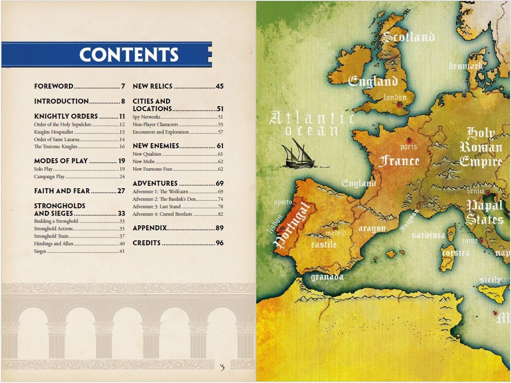 Table of contents for Osprey Heirs to Heresy Faith and Fear game book with map of Europe