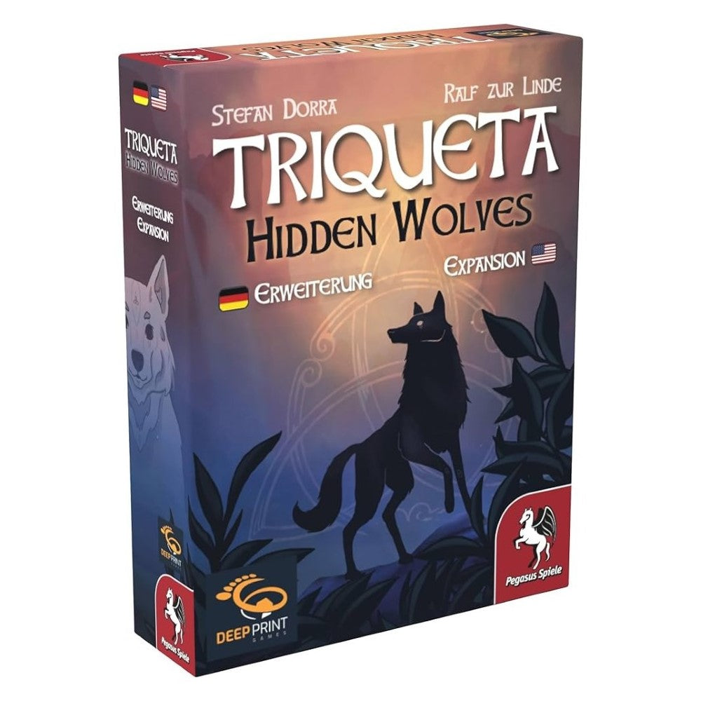 A game box for &quot;Triqueta Hidden Wolves Expansion.&quot; A black wolf stands among plants in a twilight forest with mystical patterns
