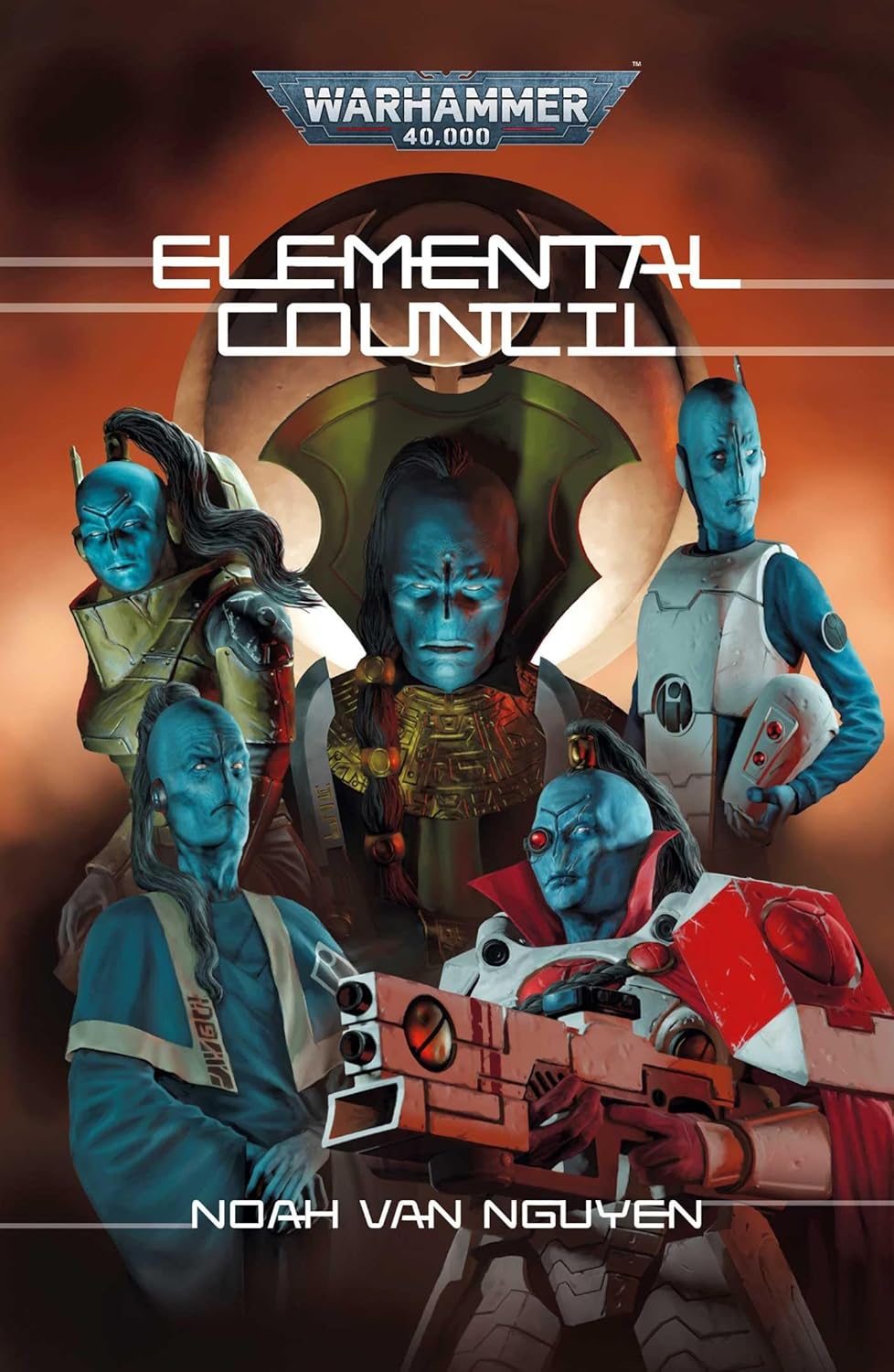 Five blue-skinned alien Tau leaders in ceremonial robes and combat armor, cover of Warhammer 40k: Elemental Council
