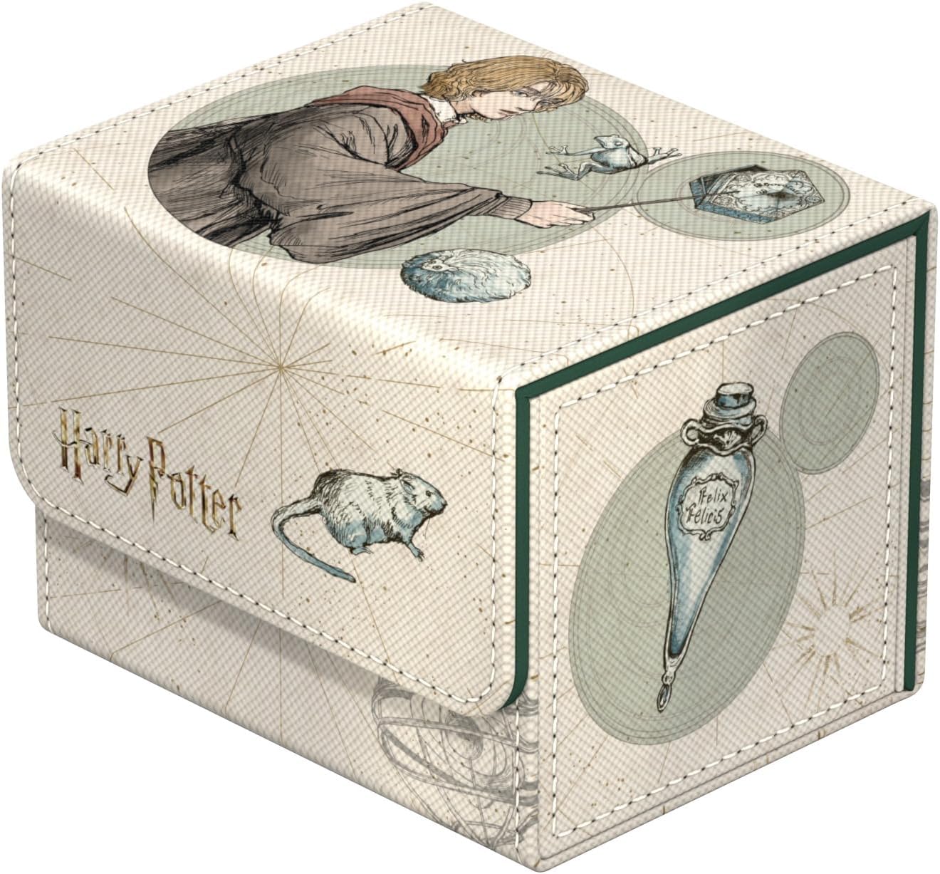 Harry Potter illustrated deck box showing a student casting a spell, a rat, and Felix Felicis potion sketches