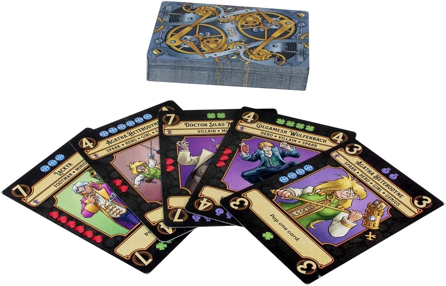 A stacked deck of steampunk-geared game cards sits above several fanned out character cards of heroes and villains