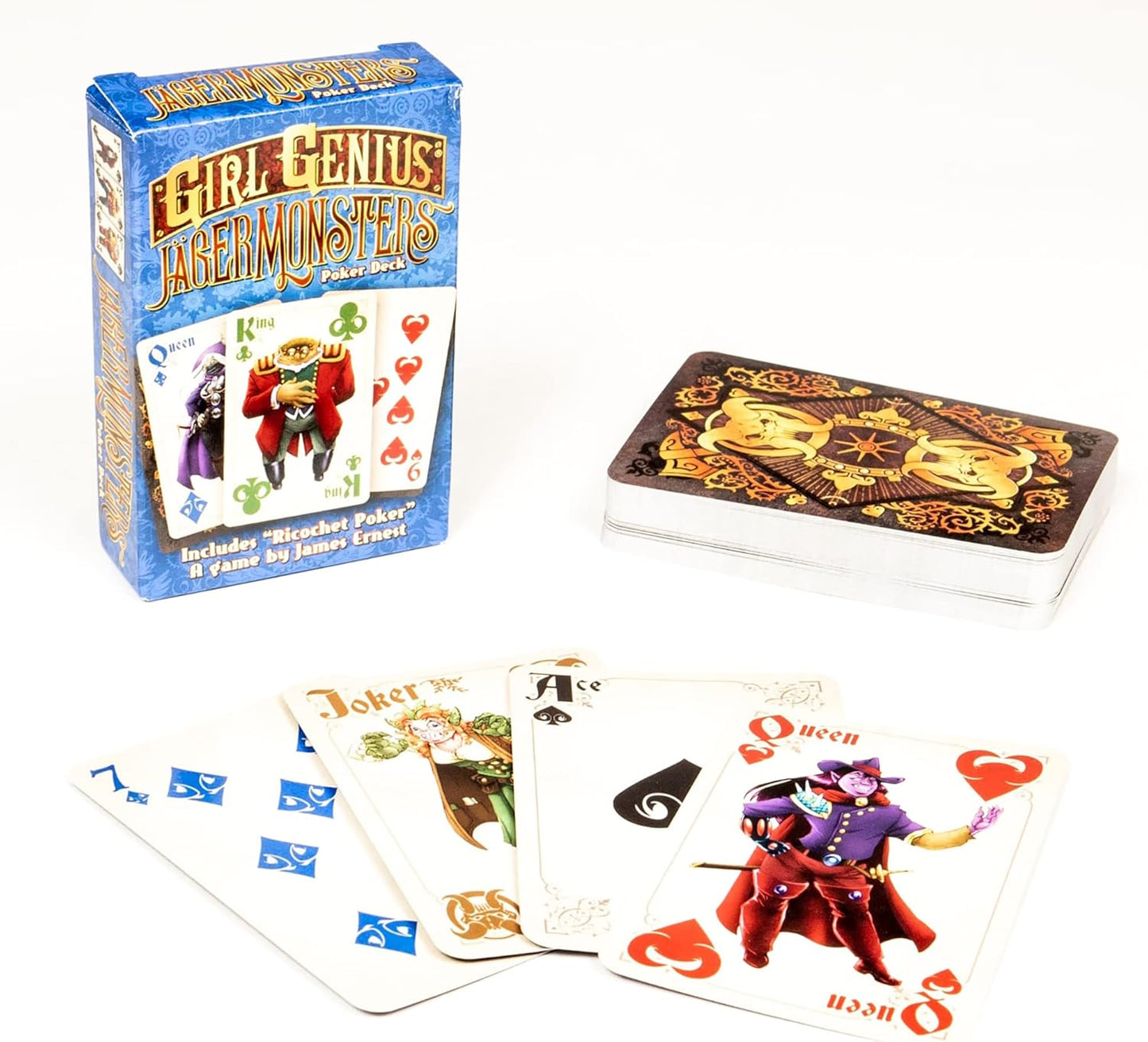 Girl Genius Jagermonsters poker deck box, an ornate card tin, and fanned custom playing cards on a white surface