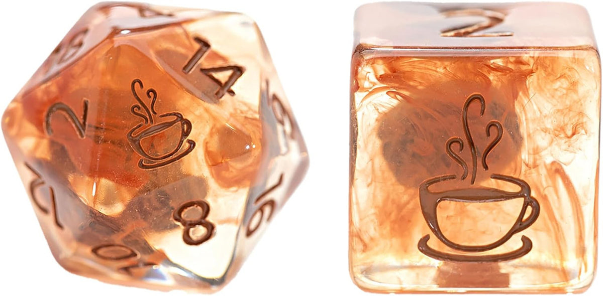Two coffee-themed dice, a D20 and D6, with translucent amber swirls and engraved steaming coffee cups