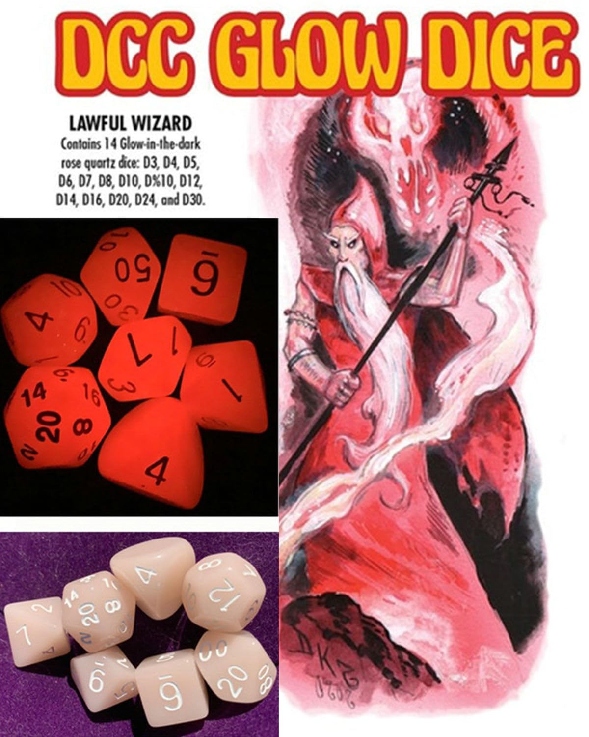 Ad for DCC Glow-Dice: Fantasy wizard, glowing orange dice and light-pink polyhedral dice.