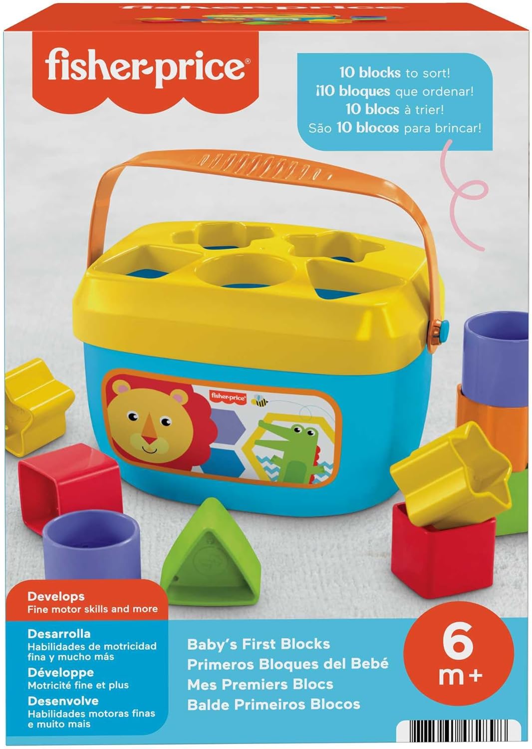Fisher-Price Baby's First Blocks shape sorter toy: blue bucket -  yellow lid with cutouts -  colorful blocks