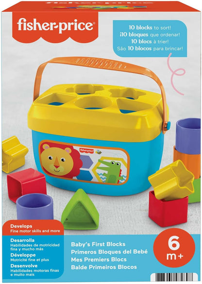 Fisher-Price Baby's First Blocks shape sorter toy: blue bucket -  yellow lid with cutouts -  colorful blocks