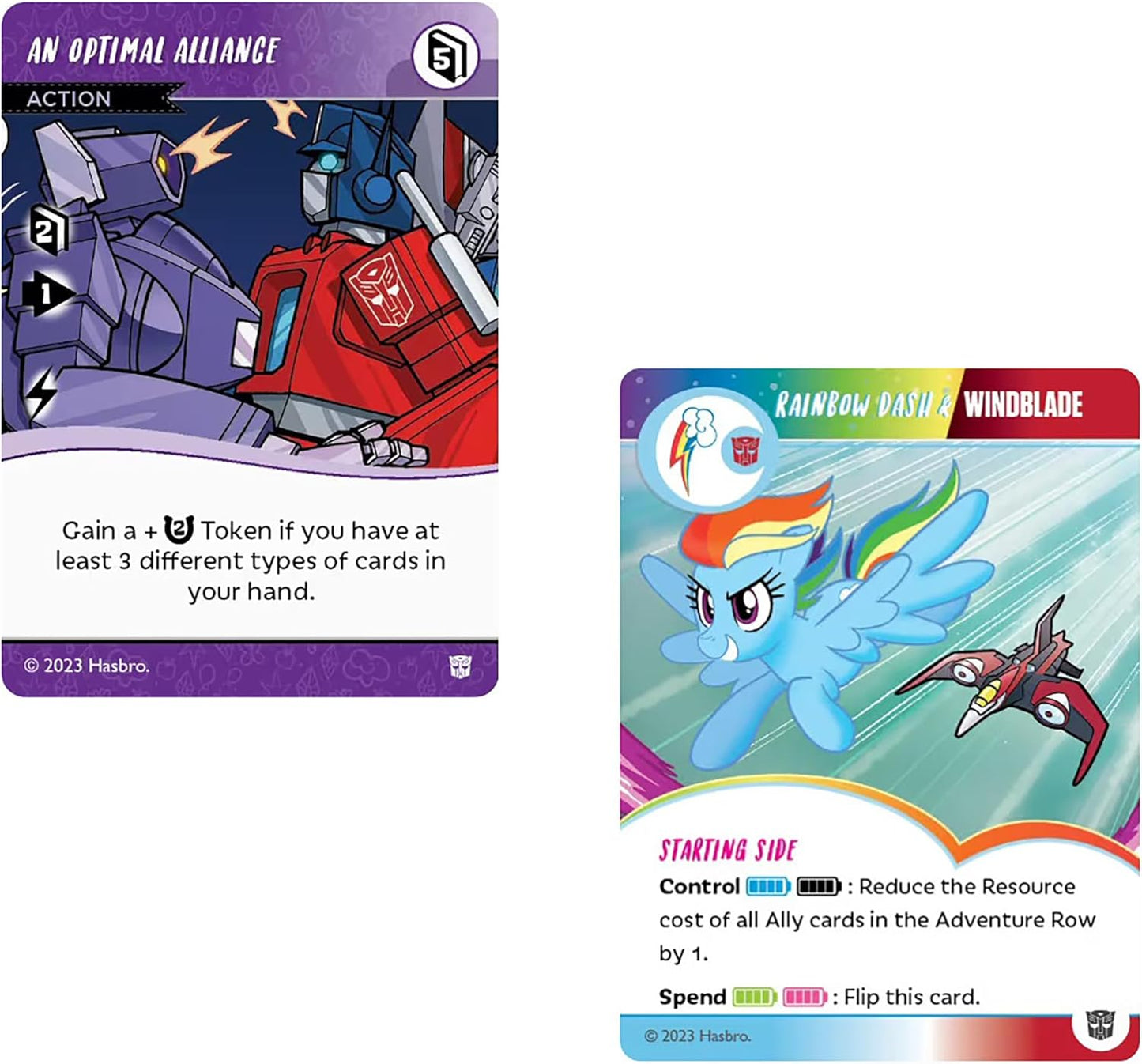 Two TCG cards: Optimus Prime and Shockwave; Rainbow Dash flying with the Windblade jet
