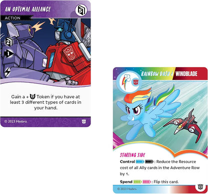 Two TCG cards: Optimus Prime and Shockwave; Rainbow Dash flying with the Windblade jet