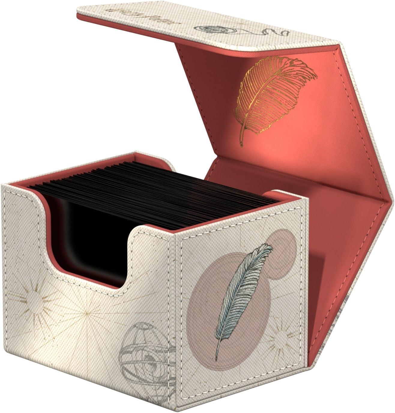 Open deck box, beige with feather and map designs, pink interior, holding black cards