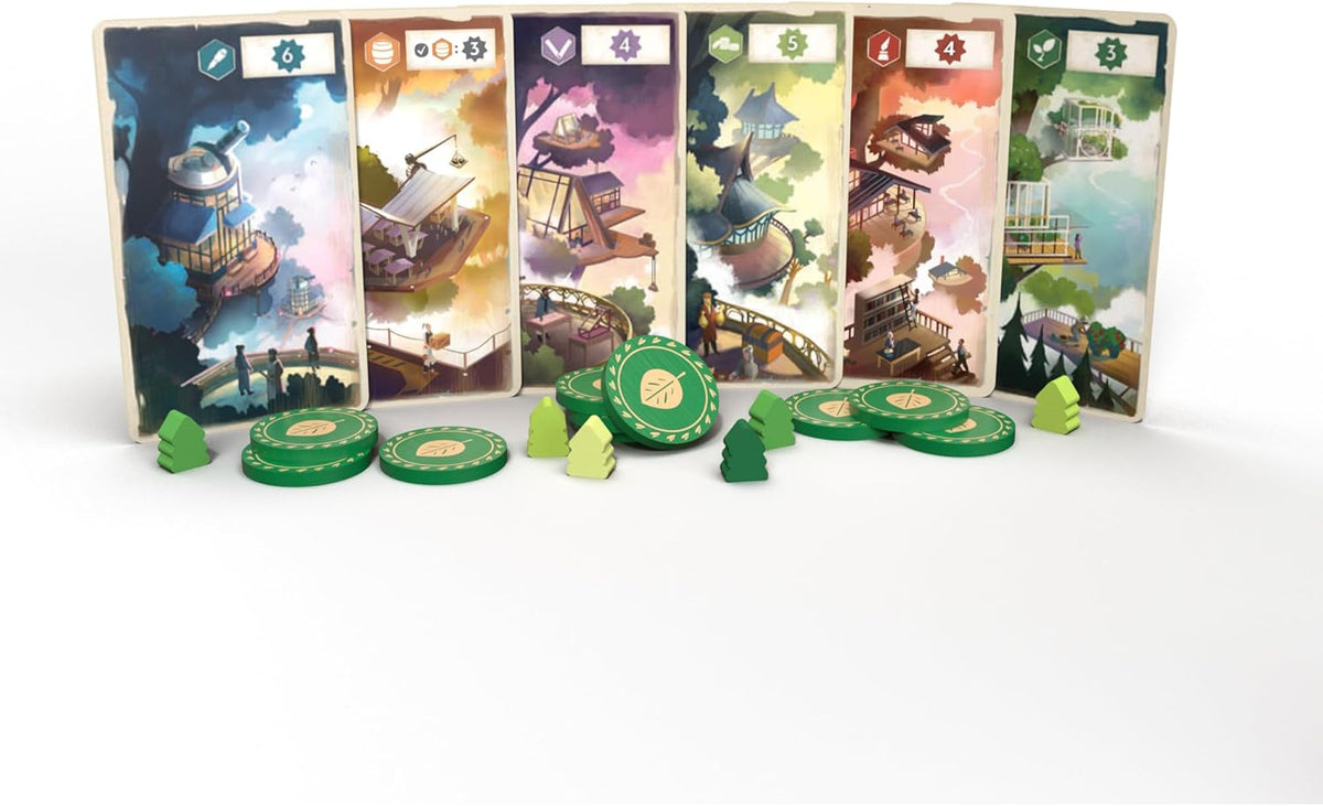 Wooden tokens and cards laid out for play