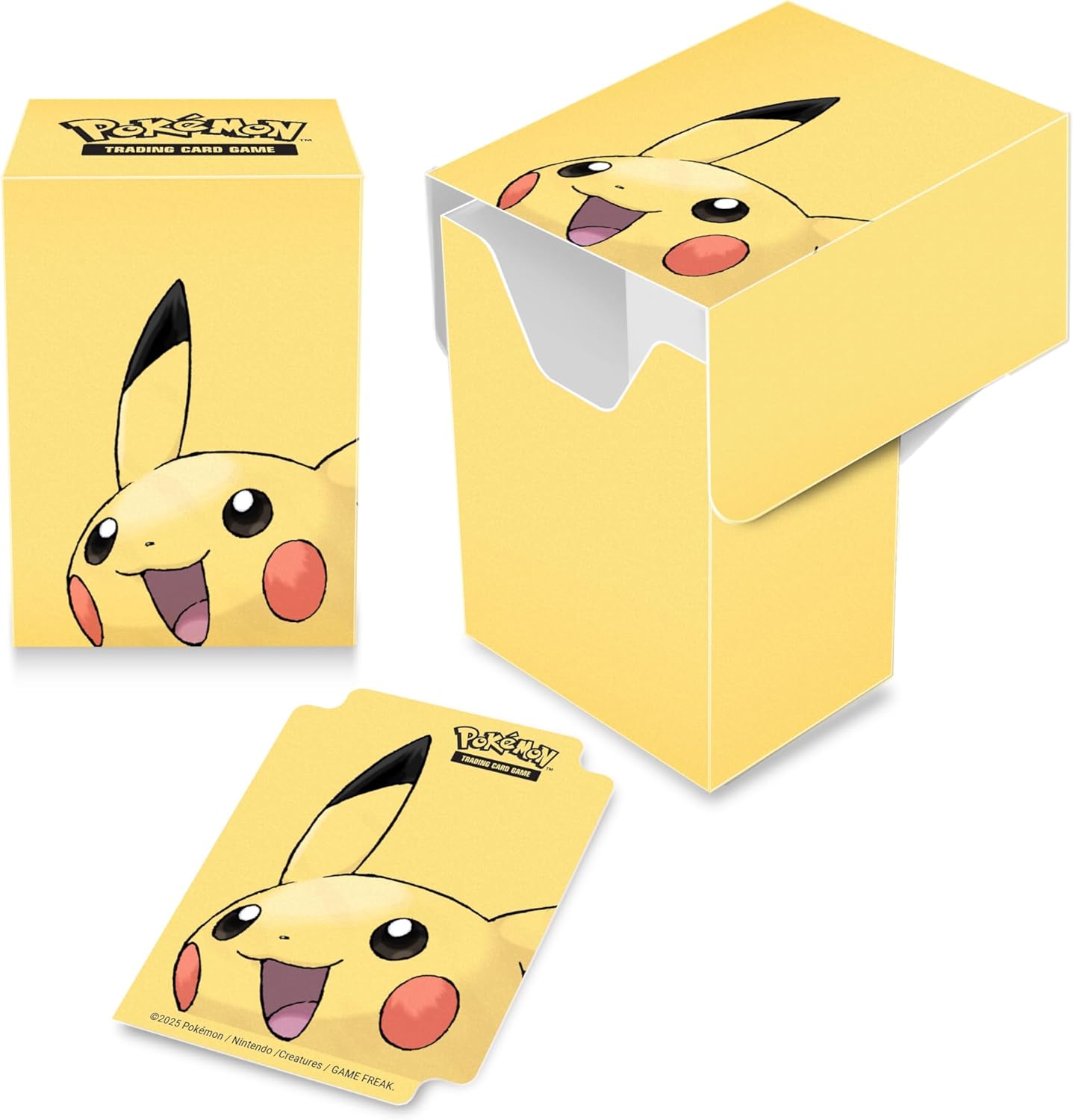 A yellow Pokemon Trading Card Game deck box featuring a smiling Pikachu