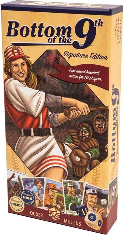 Bottom of the 9th baseball signature edition board game box featuring a female batter mid-swing, with a catcher behind her