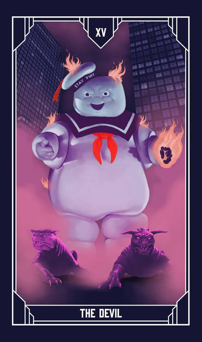 Tarot card "The Tower XVI" shows a futuristic tower hit by lightning, with four figures walking towards a glowing structure within