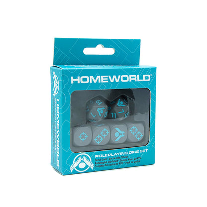 Homeworld Roleplaying Dice Set. Blue box with a window displaying grey dice featuring teal numbers and sci-fi symbols.