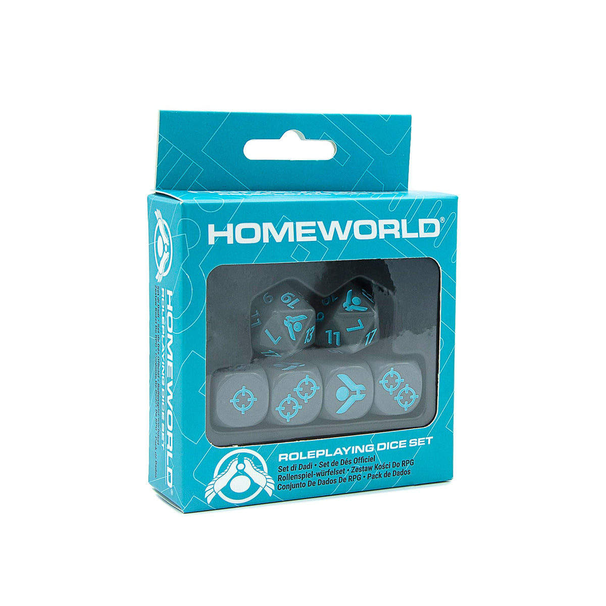 Homeworld Roleplaying Dice Set. Blue box with a window displaying grey dice featuring teal numbers and sci-fi symbols.