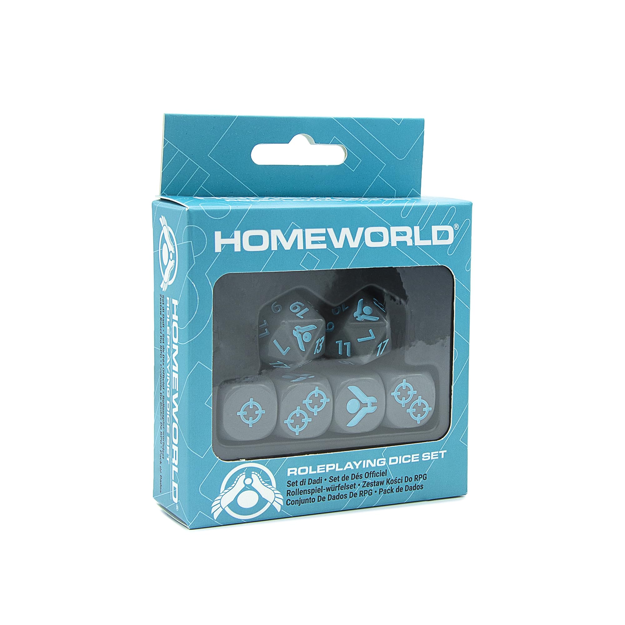 Homeworld Roleplaying Dice Set. Blue box with a window displaying grey dice featuring teal numbers and sci-fi symbols.