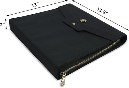 Black fabric portfolio with brass zipper and snap flap closure