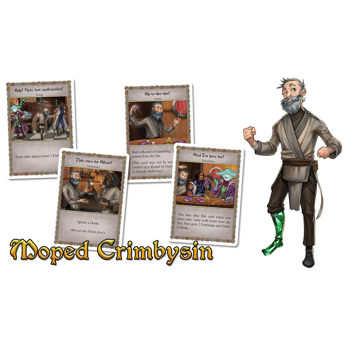 A cartoon old man with a green leg stands by game cards showing him gambling and drinking. Title: Doped Crimpysin