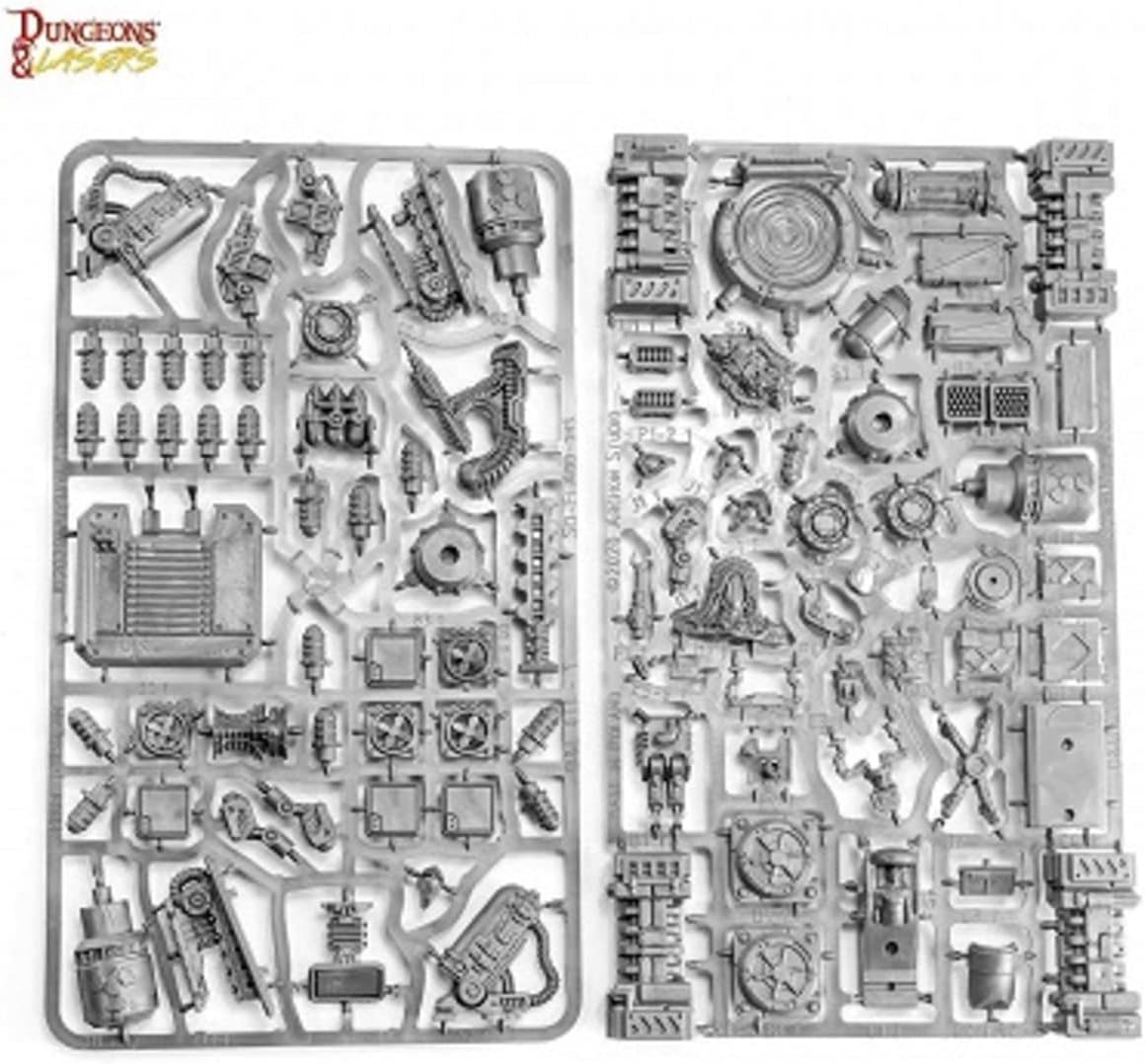 Two grey plastic sprues filled with unassembled Dungeons and Lasers miniature terrain parts