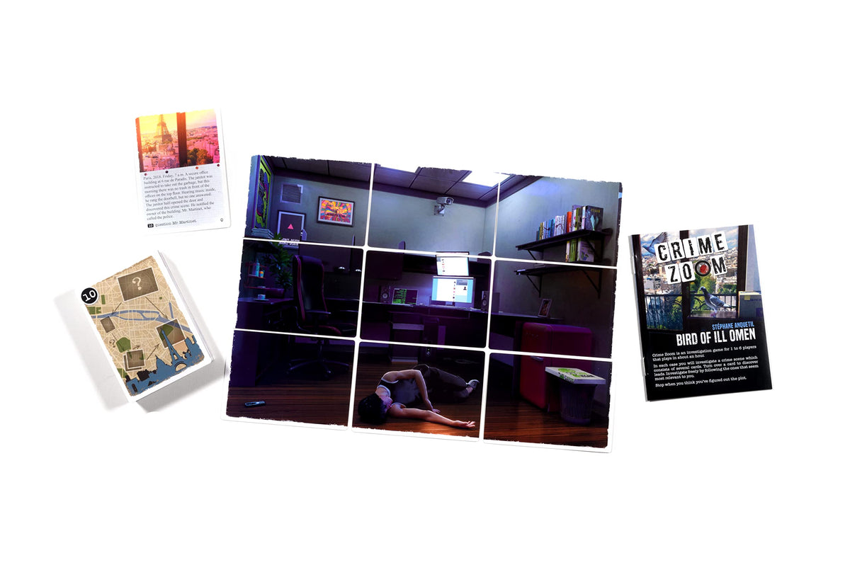 Crime Zoom board game setup: a grid of office crime scene images with a person on the floor, plus clue cards