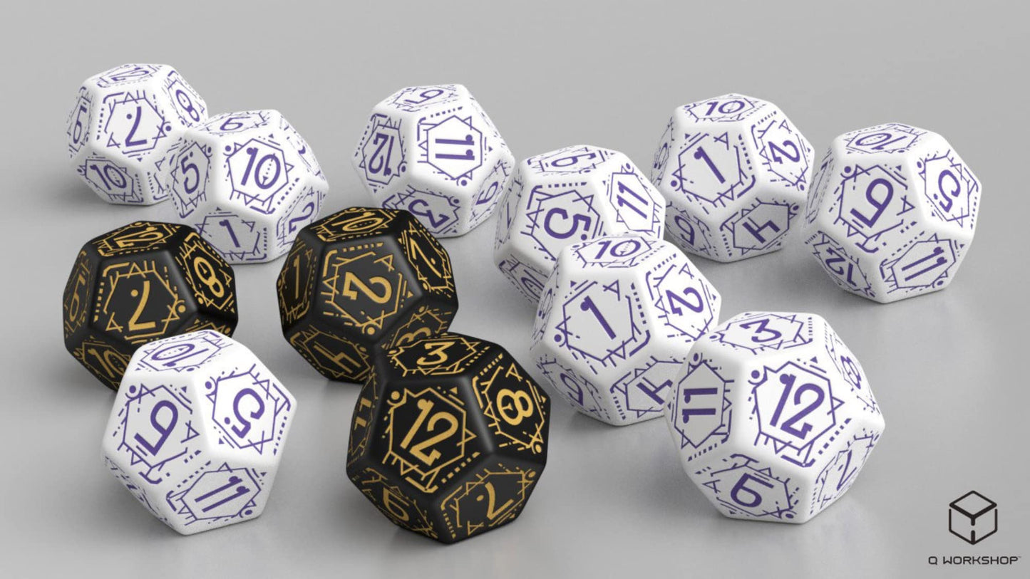 A collection of white and black D12 dice, featuring intricate purple and gold markings respectively, scattered on a grey surface