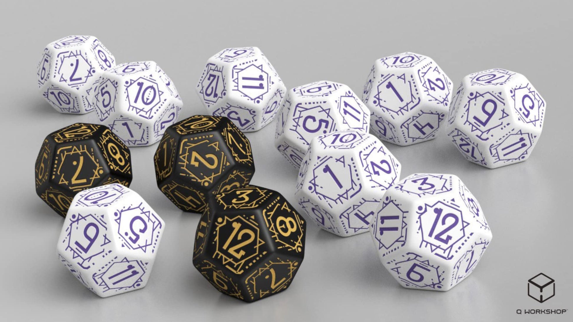 A collection of white and black D12 dice, featuring intricate purple and gold markings respectively, scattered on a grey surface