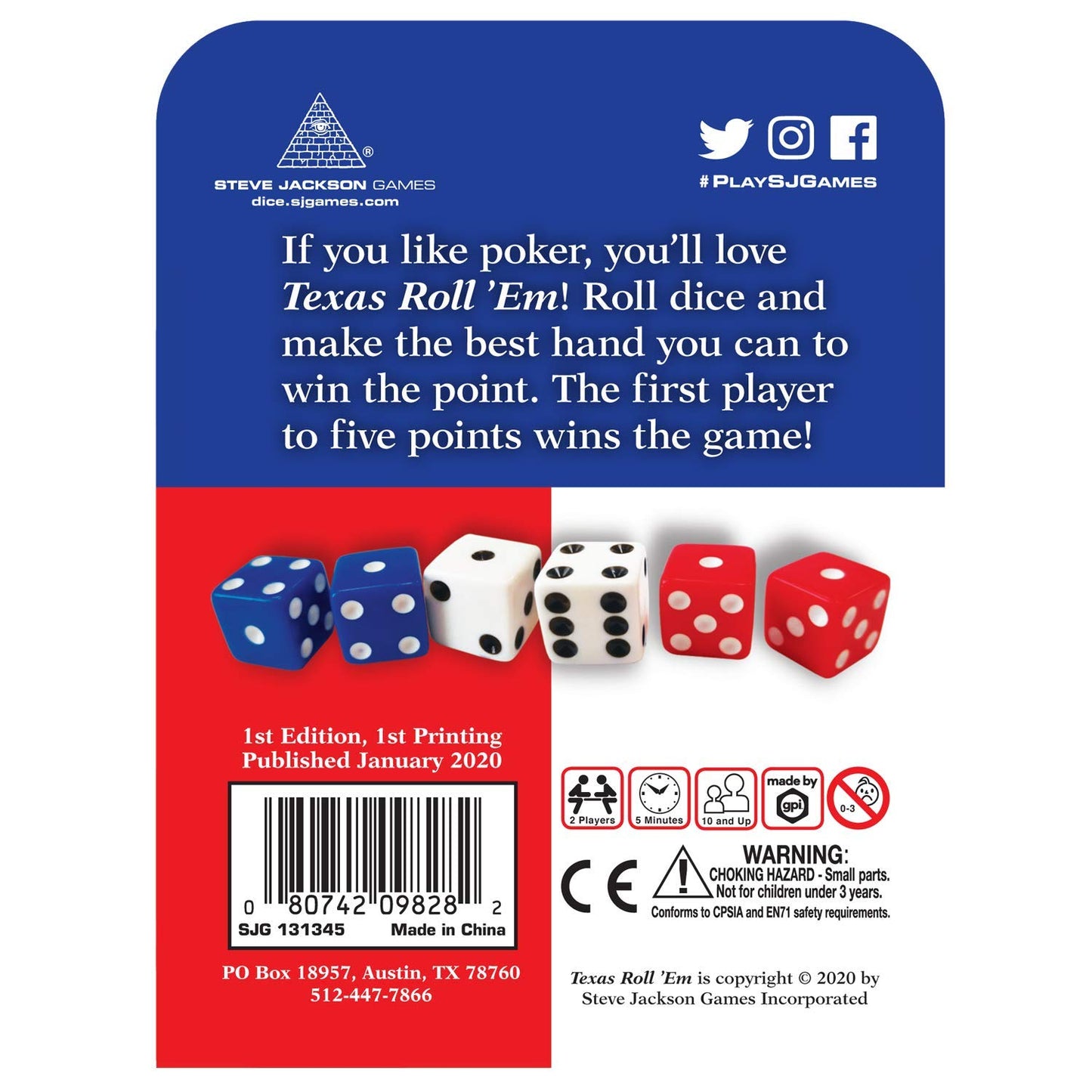 Game packaging with blue, white, and red dice for Texas Roll 'Em
