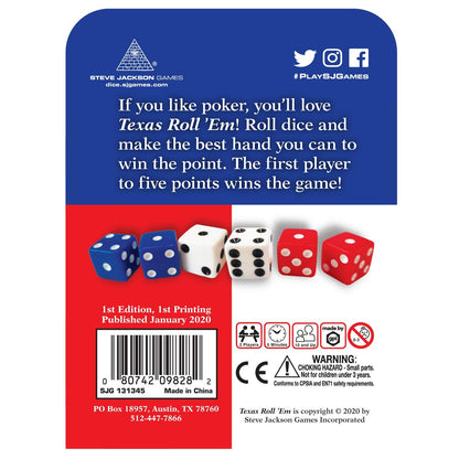 Game packaging with blue, white, and red dice for Texas Roll 'Em