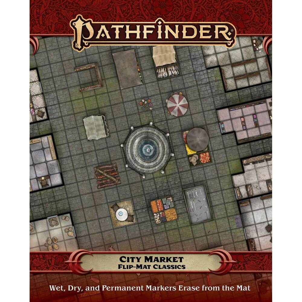Pathfinder City Market Flip-Mat Classics: Overhead RPG map of a bustling market square with fountain and diverse vendor stalls.