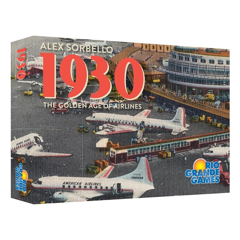 Rio Grande Games board game titled 1930 The Golden Age of Airlines featuring a vintage illustration of an airport with airplanes