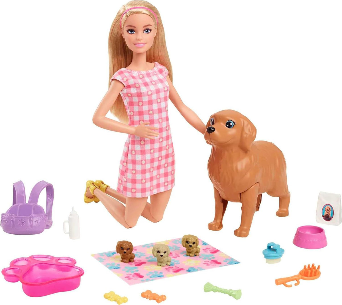 Barbie doll in pink dress kneels with a brown dog, three puppies, and pet accessories on white