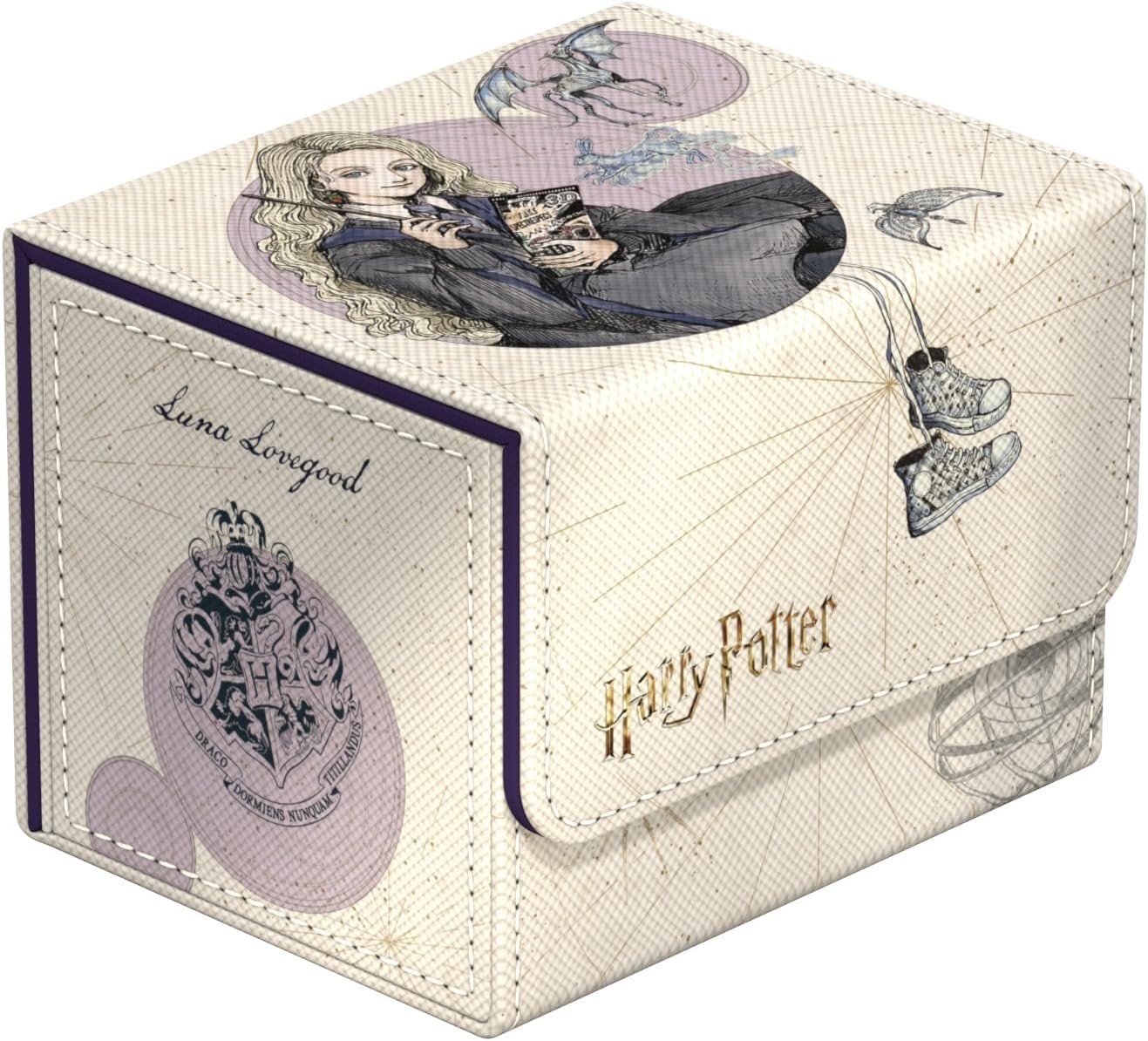 Harry Potter storage box decorated with an illustration of Luna Lovegood, Hogwarts crest, and hanging shoes