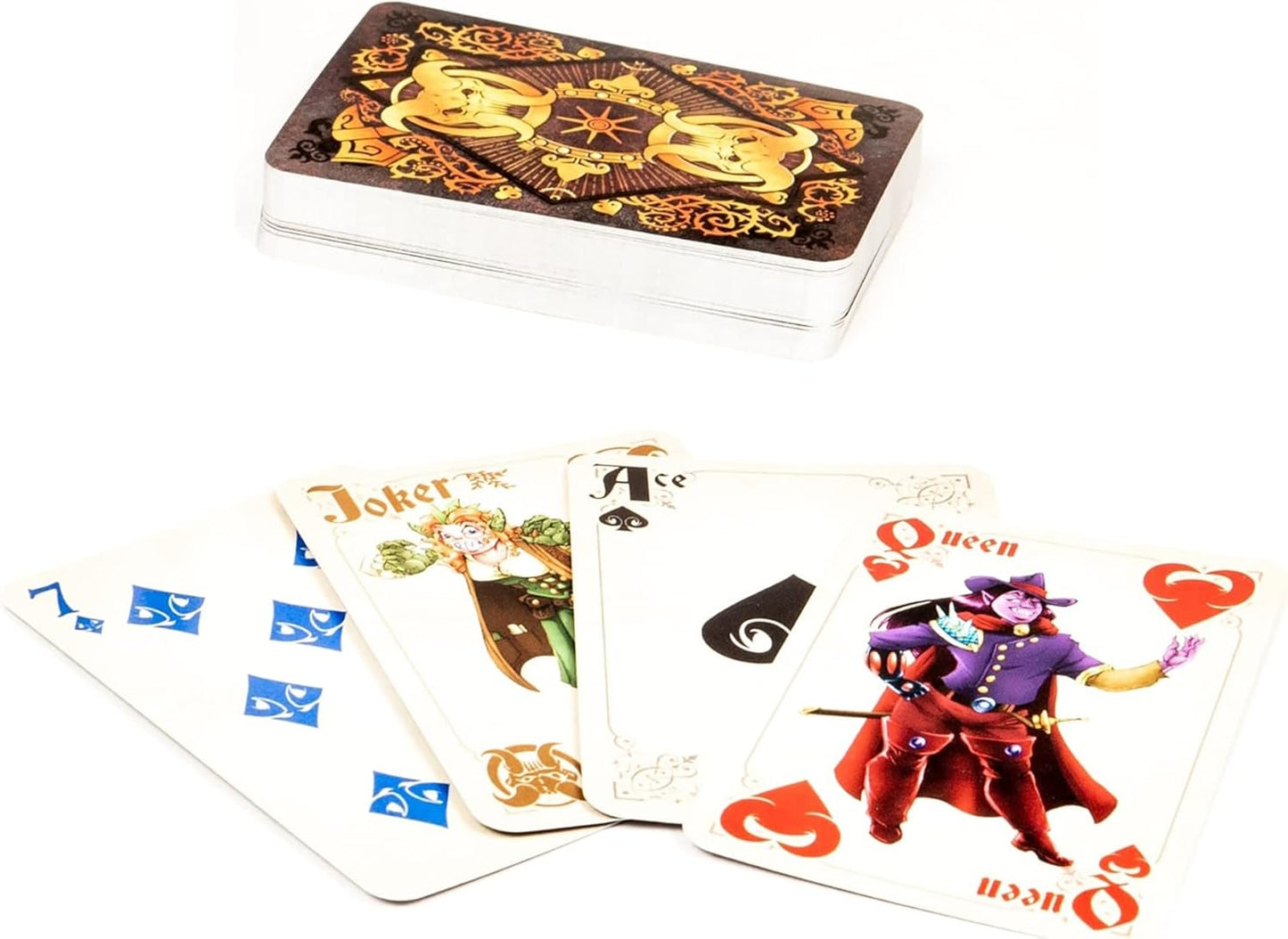 Ornate playing card deck with a dark, golden box and fanned Joker, Ace of Spades, and Queen of Hearts cards