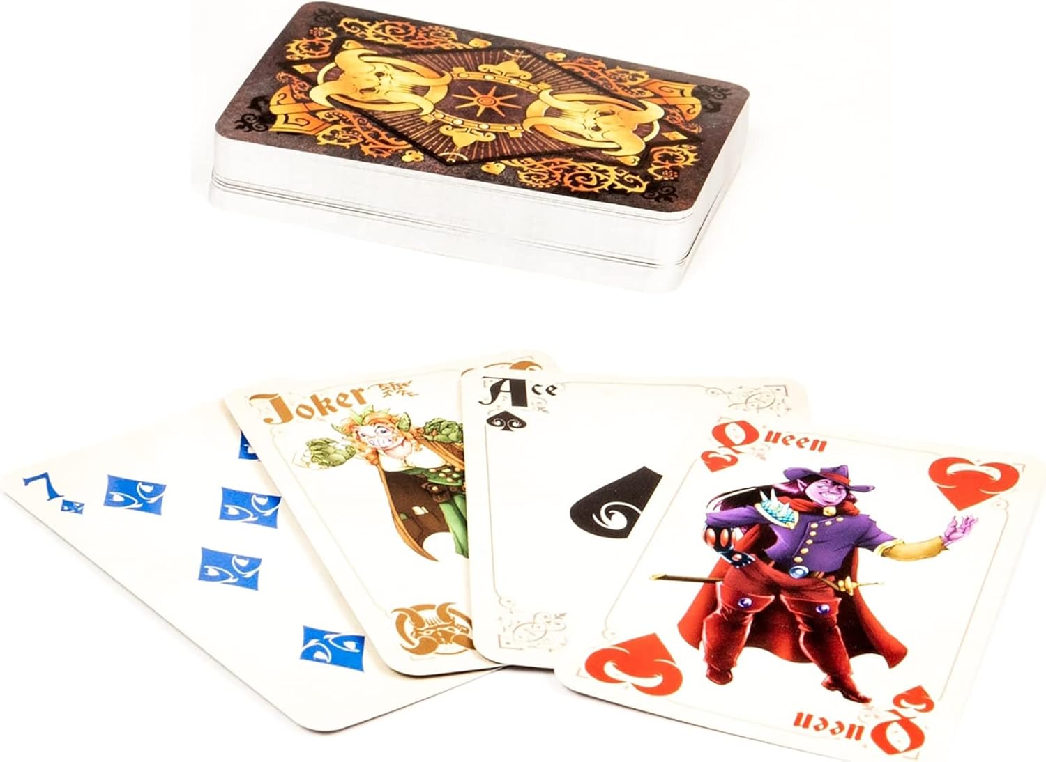 Ornate playing card deck with a dark, golden box and fanned Joker, Ace of Spades, and Queen of Hearts cards