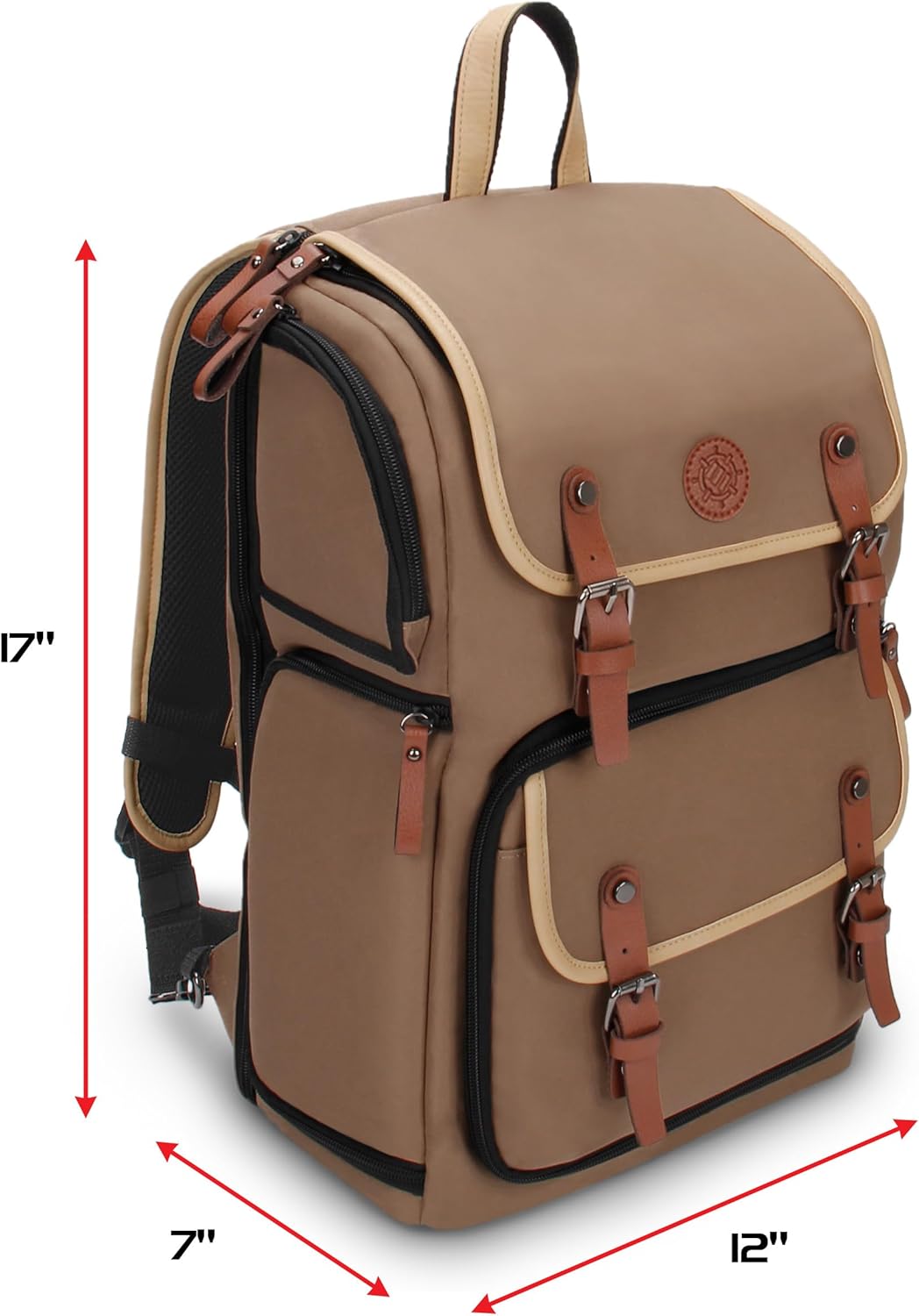 Khaki backpack with tan trim, brown buckled straps, and dimensions 17"H, 12"W, 7"D.