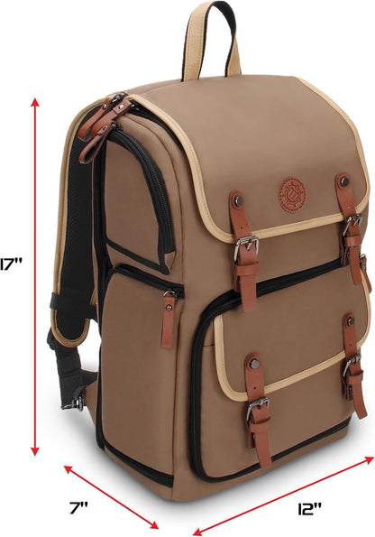 Khaki backpack with tan trim, brown buckled straps, and dimensions 17"H, 12"W, 7"D.