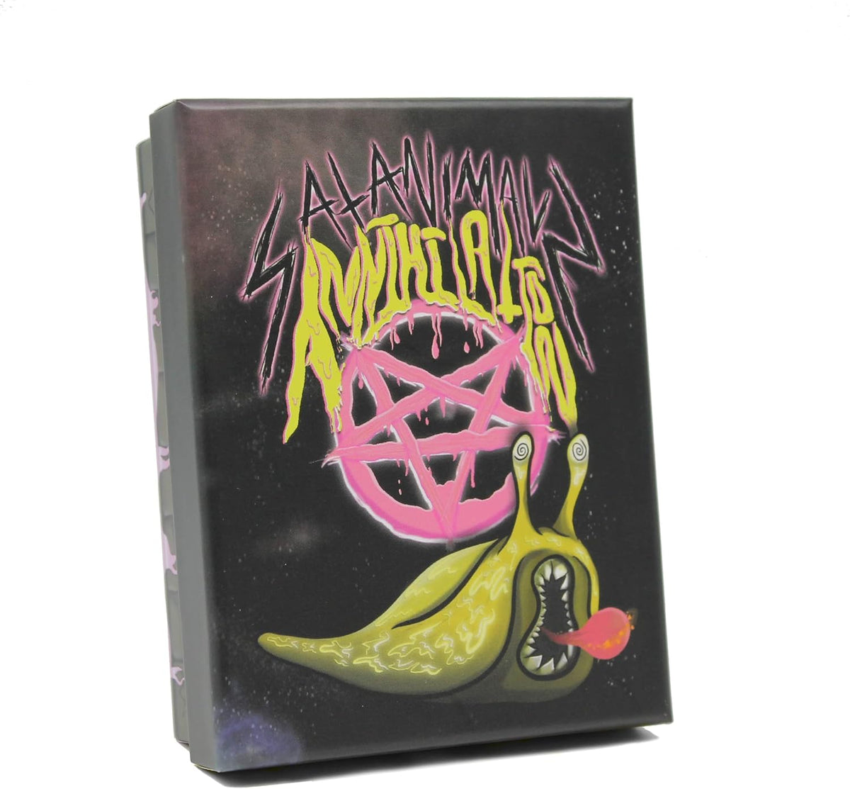A dark box features neon pink/yellow &#39;SALANIMAL TONIGHT IS&#39; text, a pentagram, and a screaming yellow slug monster