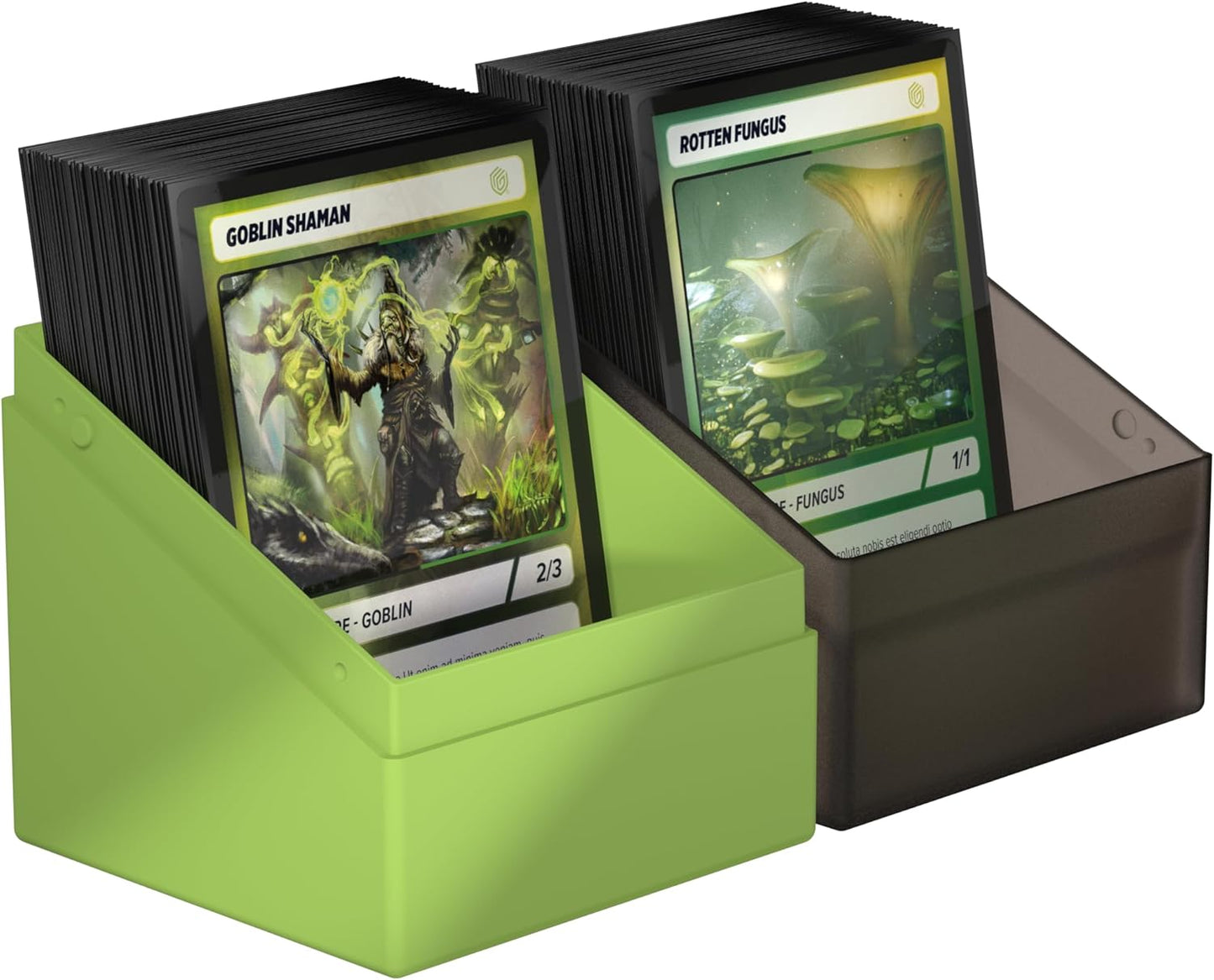 Sleeved trading cards ("Goblin Shaman" and "Rotten Fungus") stored in split deck boxes