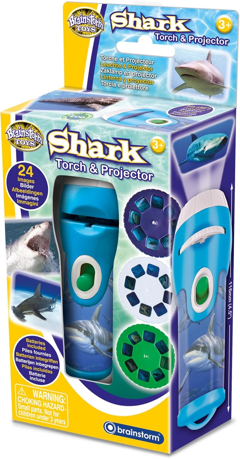 Retail packaging for a blue Brainstorm Shark Torch and Projector toy with image slides