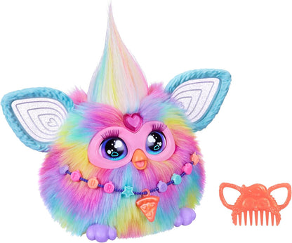 A fluffy, rainbow Furby toy with sparkly blue eyes, a pink heart, pizza slice necklace, and an orange comb