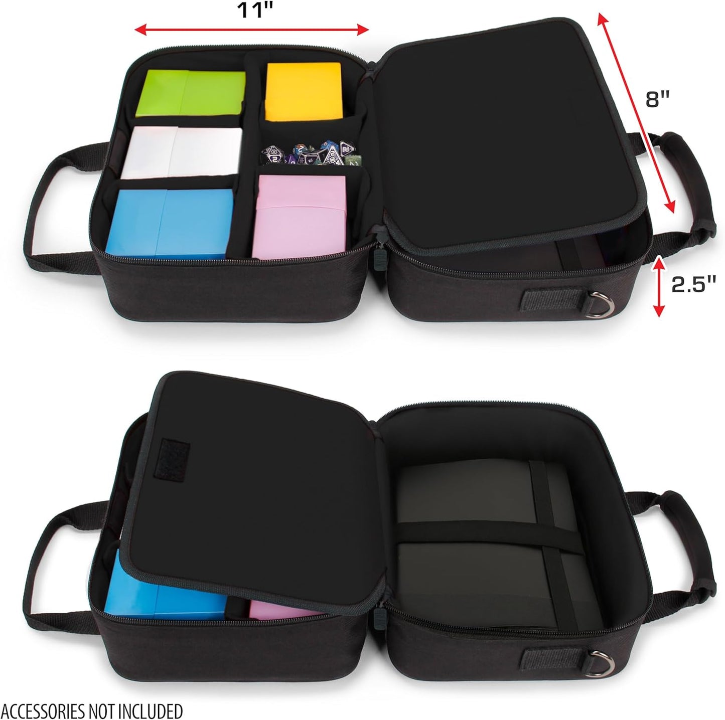 An open black carrying case (11x8x2.5 inches) with organized compartments holding colorful card boxes, dice, and a tablet