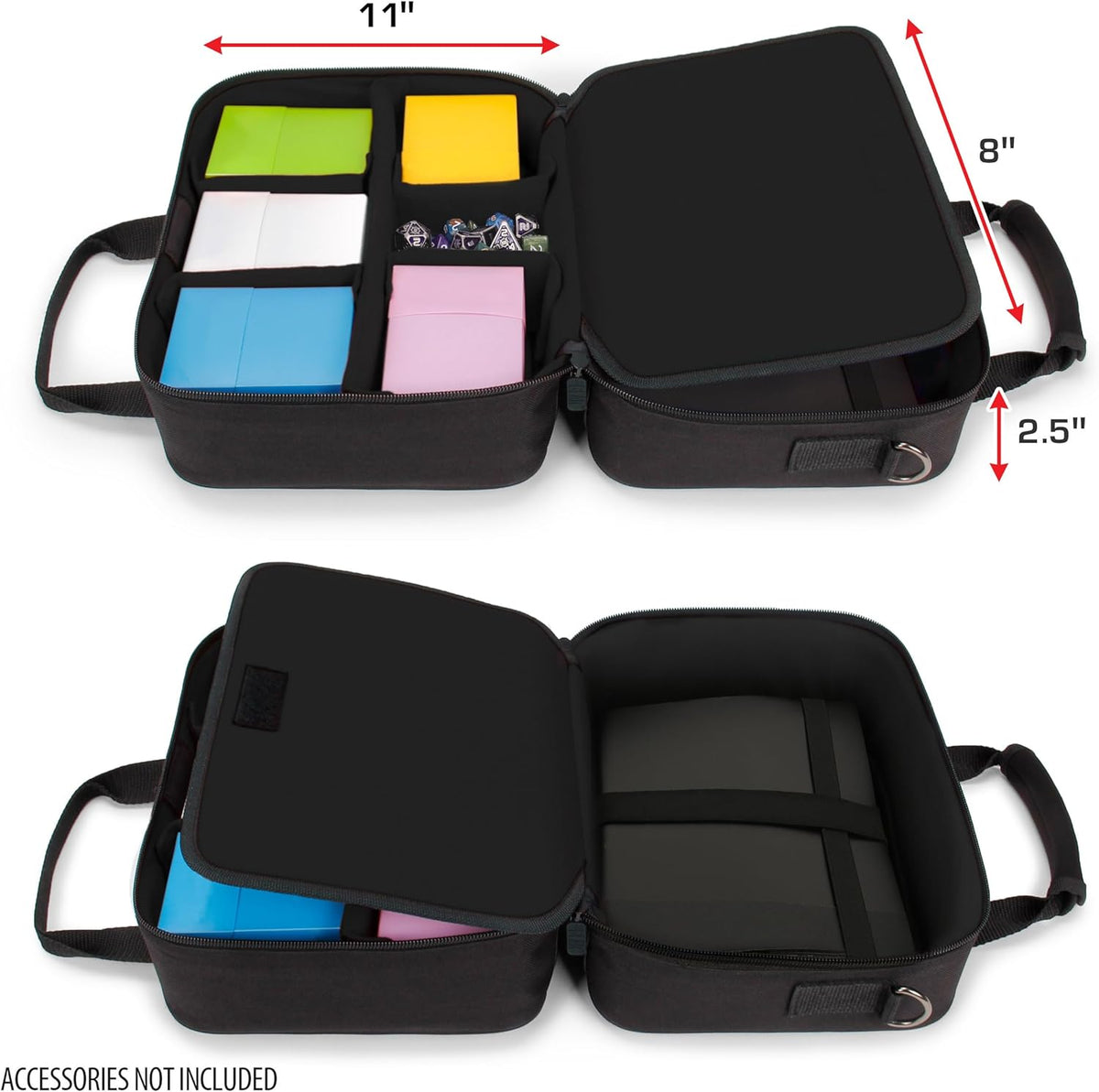 An open black carrying case (11x8x2.5 inches) with organized compartments holding colorful card boxes, dice, and a tablet