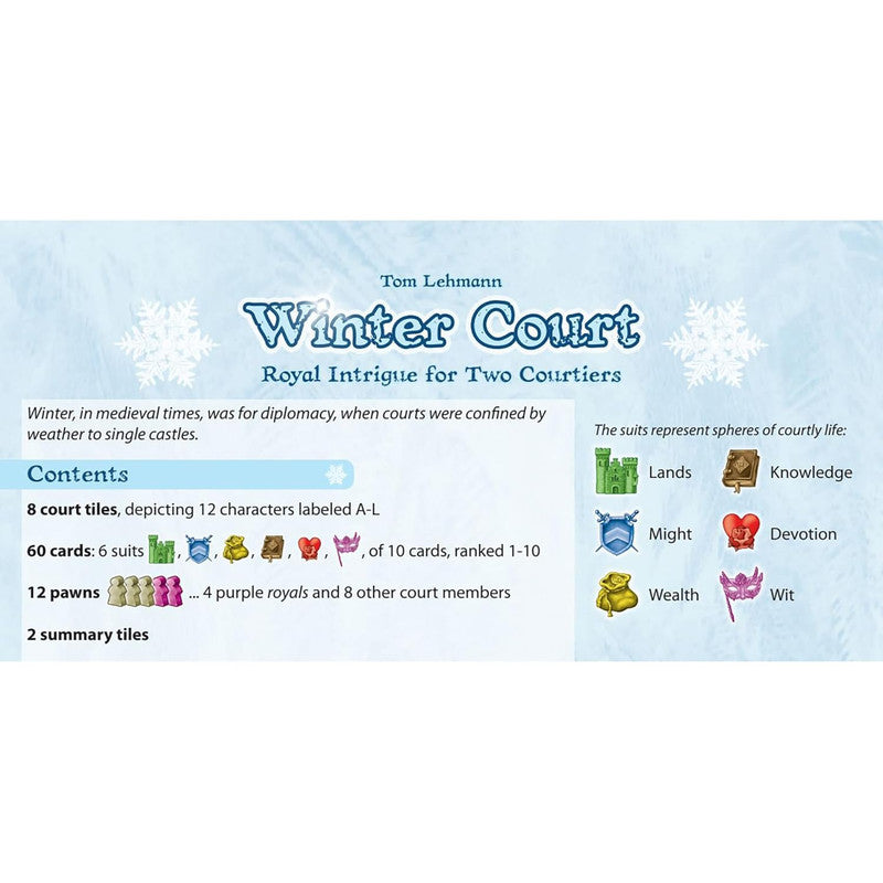 Winter Court board game contents including 8 court tiles 60 cards across 6 suits 12 pawns including royals and other court members and 2 summary tiles
