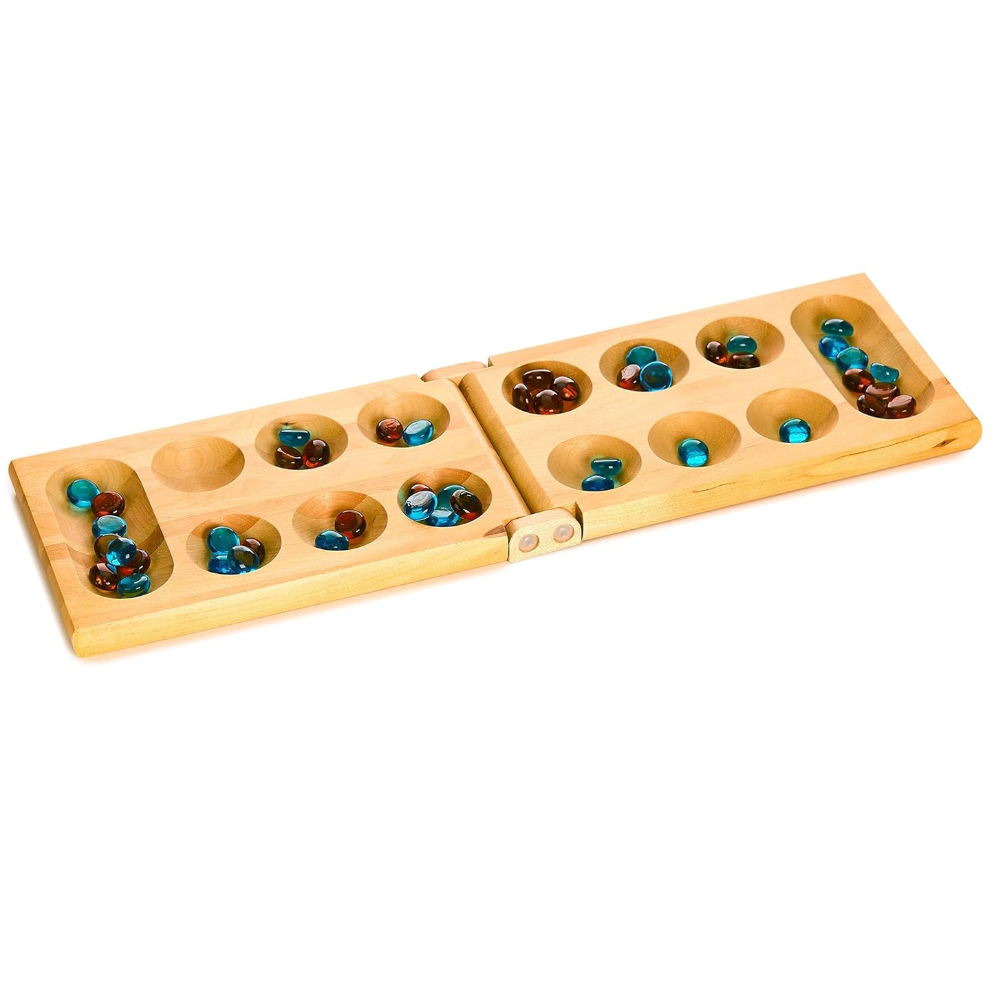 Wooden Mancala game board open and set up with blue and brown glass playing beads